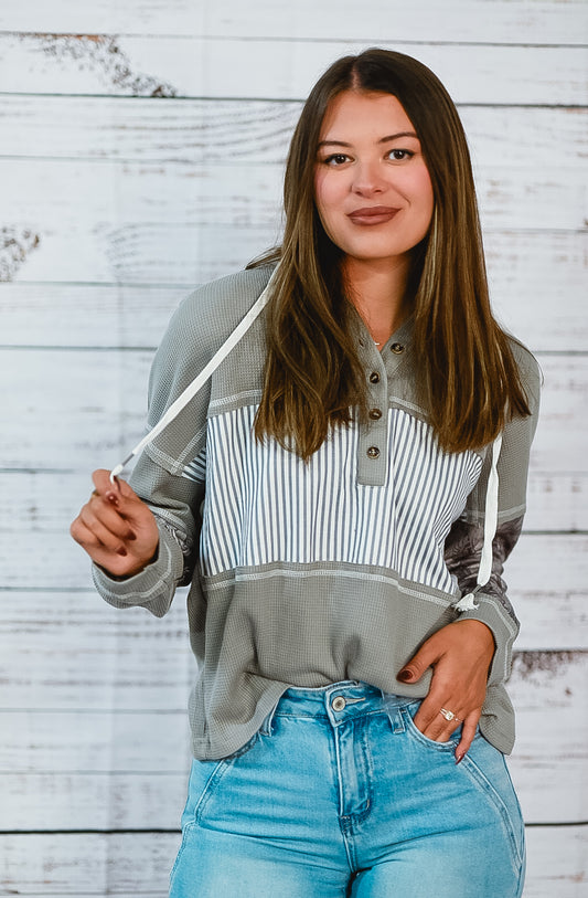Grey Stripe & Floral Patchwork Hoodie
