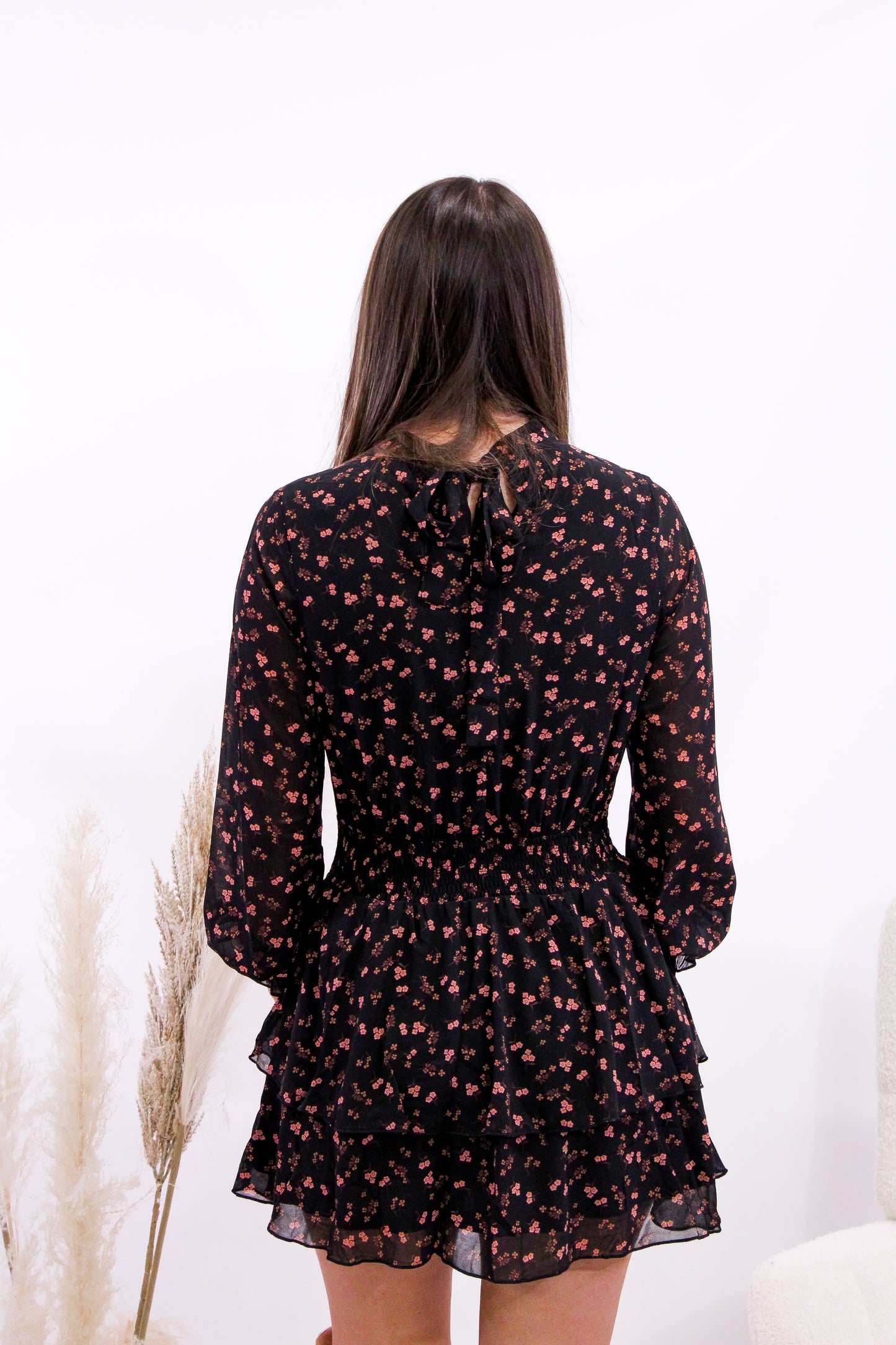 Midnight Petals Tiered Mini Dress