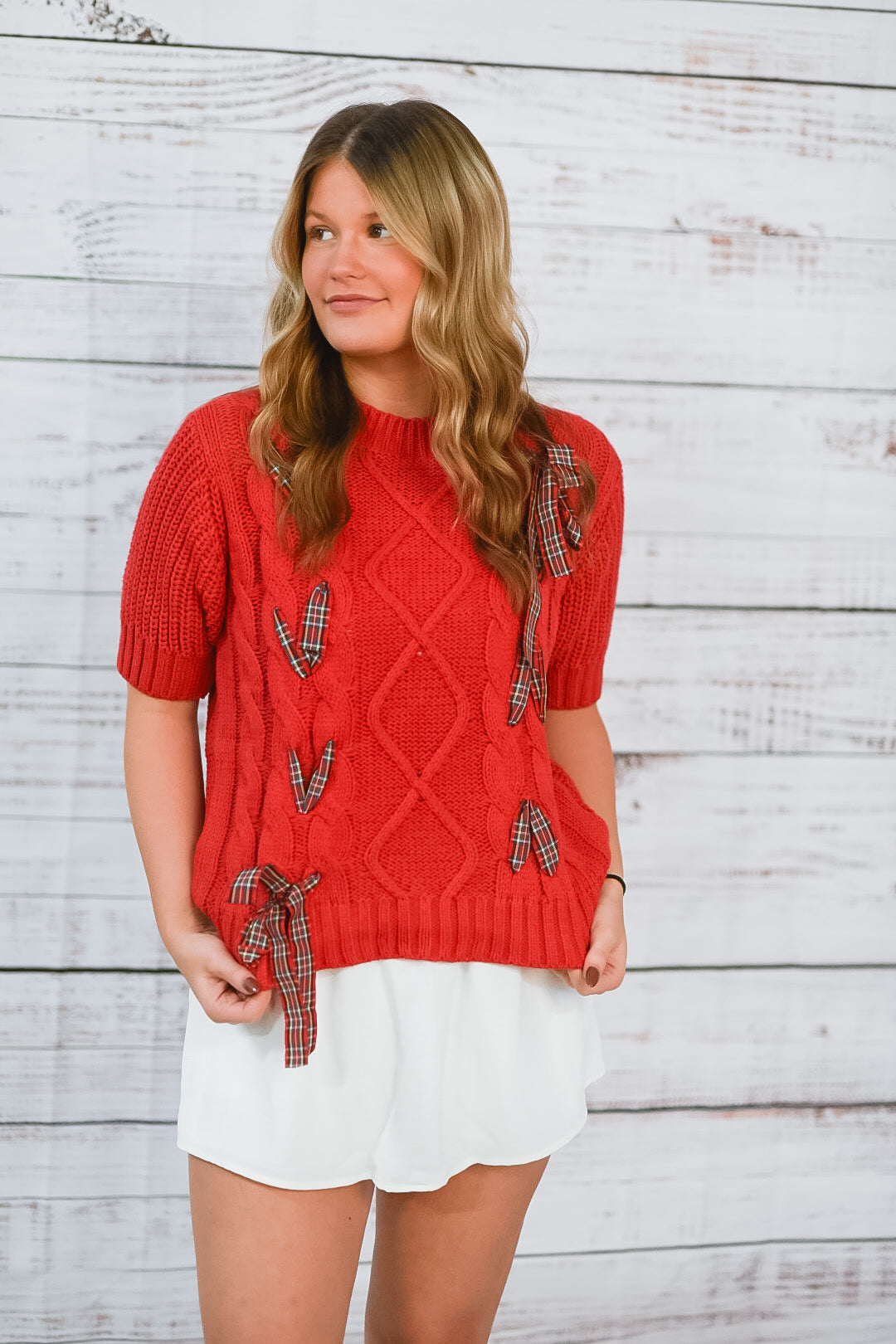 Festive Charm Plaid Bow Cable Knit Sweater