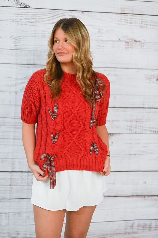 Festive Charm Plaid Bow Cable Knit Sweater