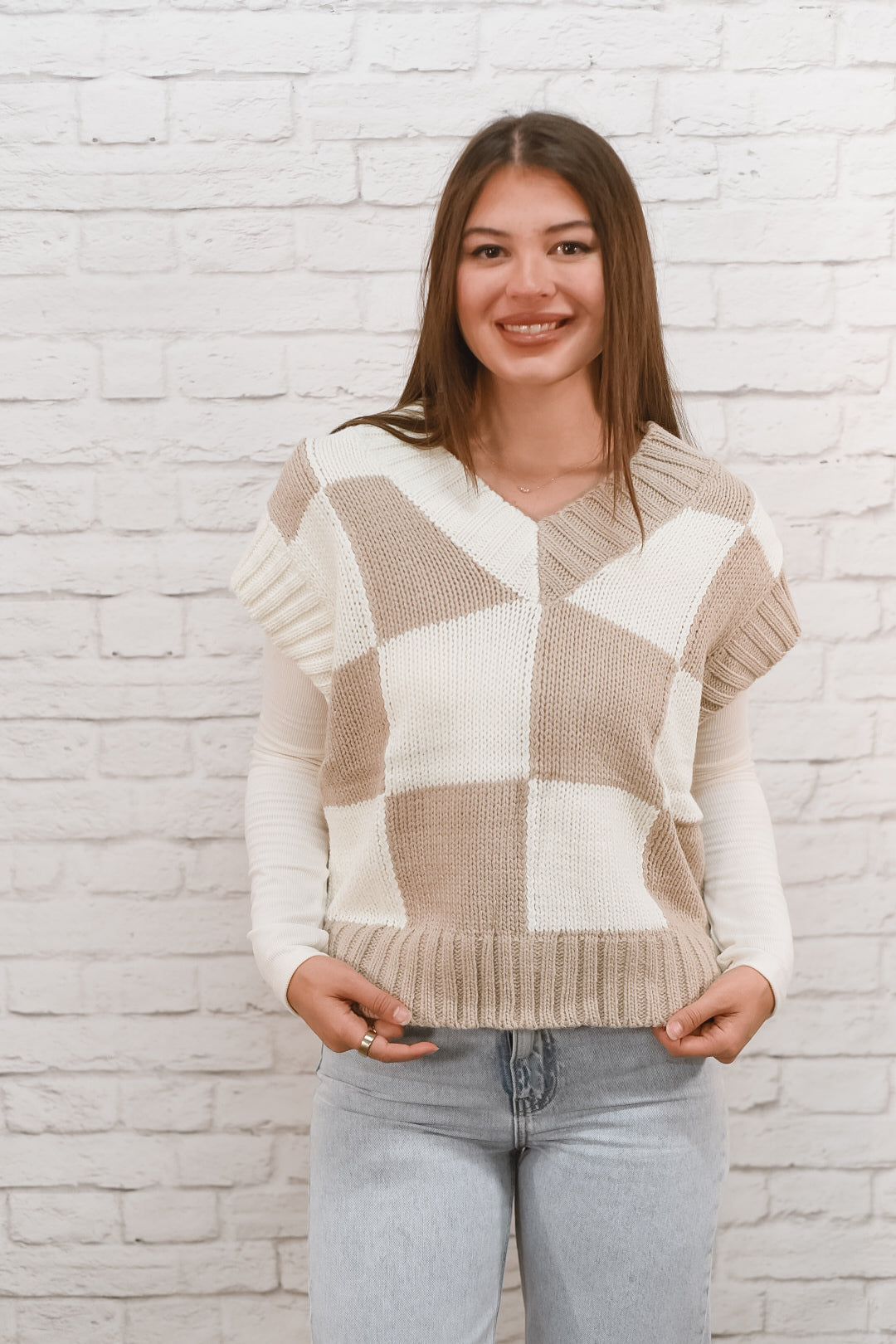 Cozy Check Neutral Sweater Vest