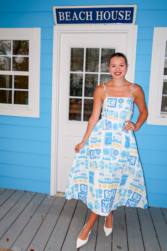 Beach Bliss Blue And White Beach Print Dress