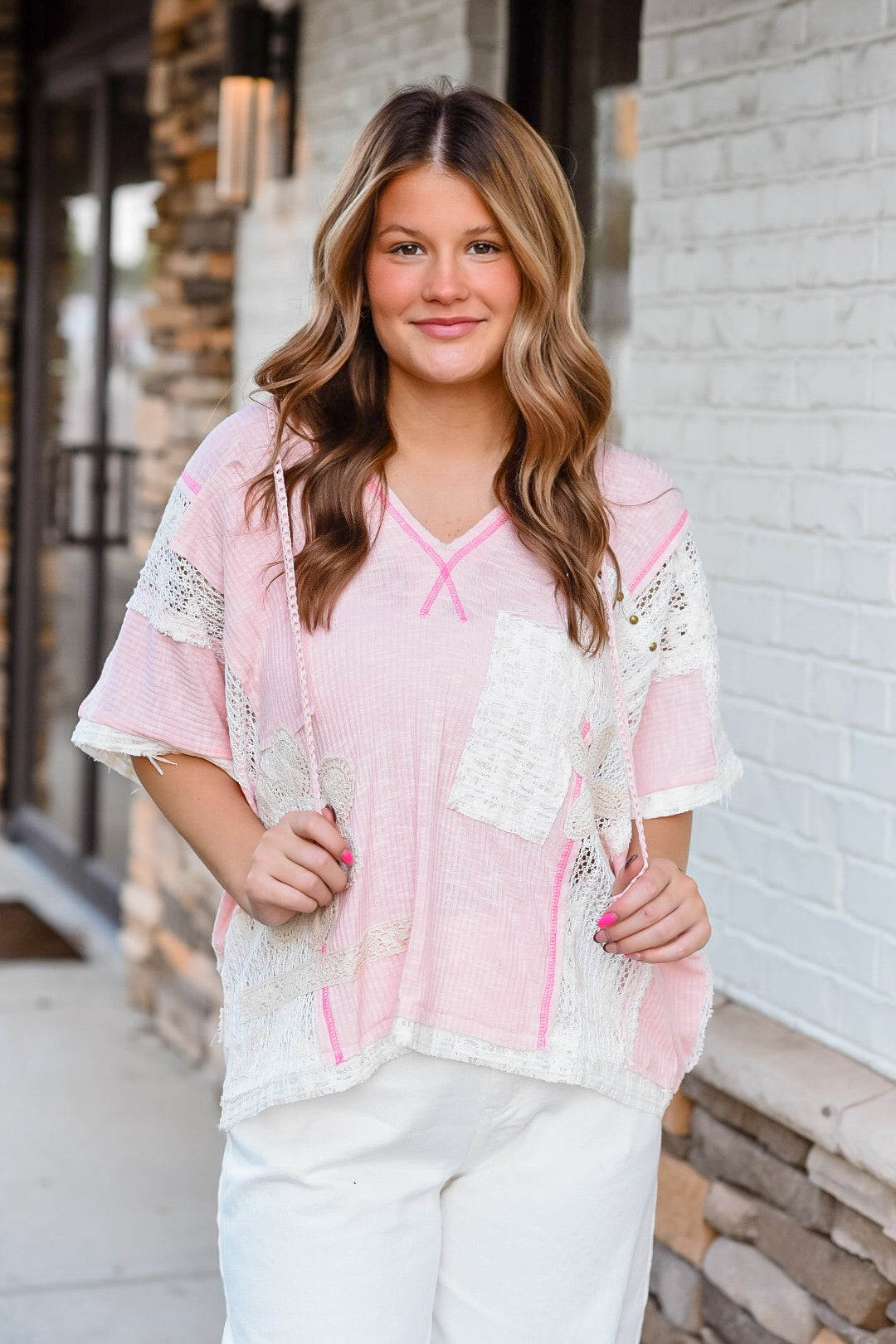 Blush Patchwork Lace Hooded Top