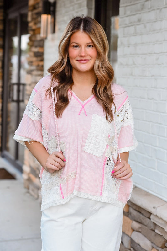 Blush Patchwork Lace Hooded Top