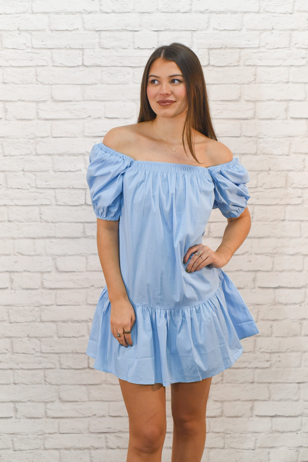 Blue Skies Off-the-Shoulder Puff Sleeve Dress