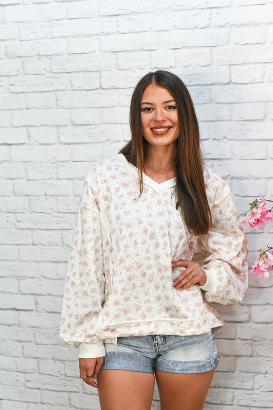 Blush Meadow Floral Pullover – Soft V-Neck Lounge Sweatshirt