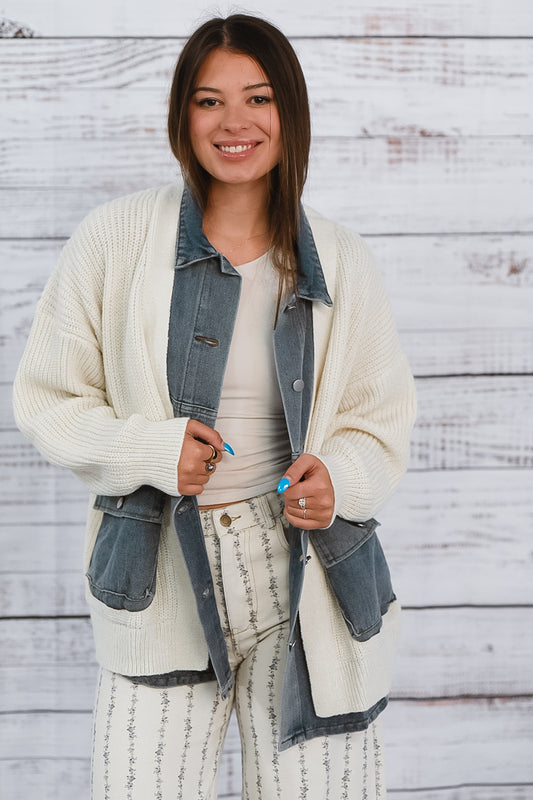 Denim Contrast Pocket Cardigan
