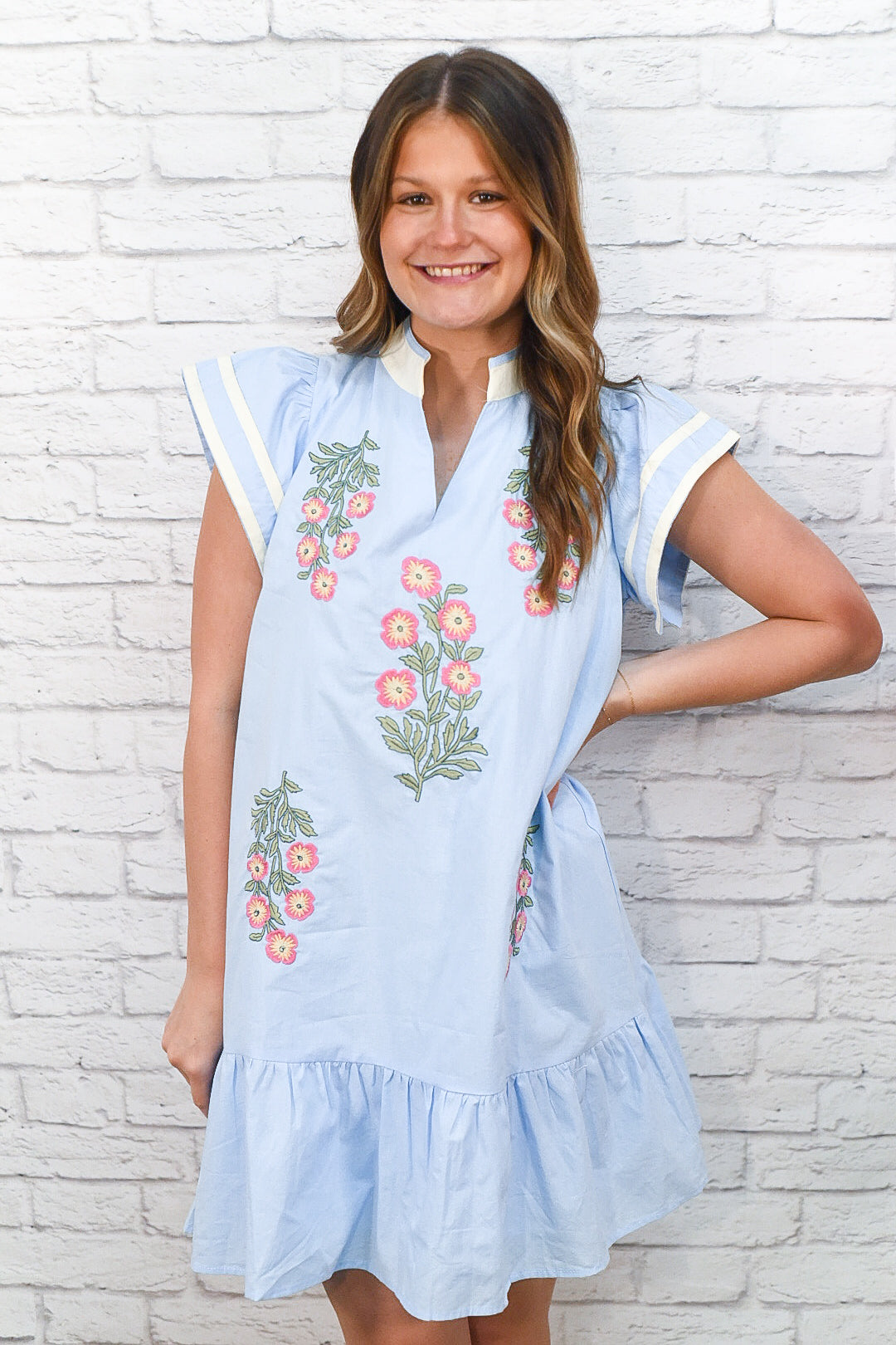 Coastal Garden Embroidered Dress – Blue Floral Babydoll Dress