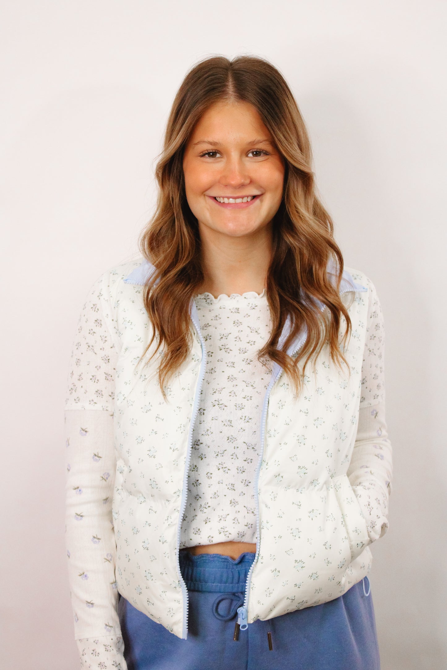 Blue Morning Floral Puffer Vest