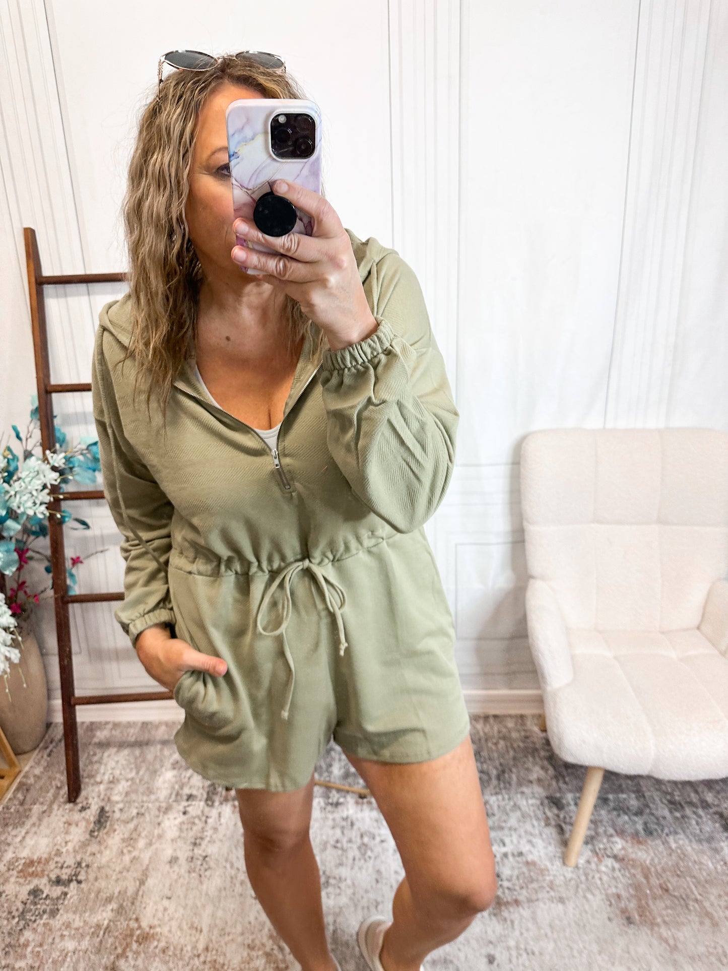 The Off Duty Olive  Hoodie Romper