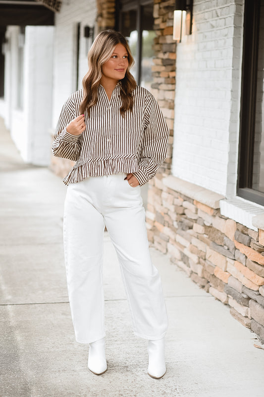 Brown & Ivory Striped Ruffle Hem Blouse