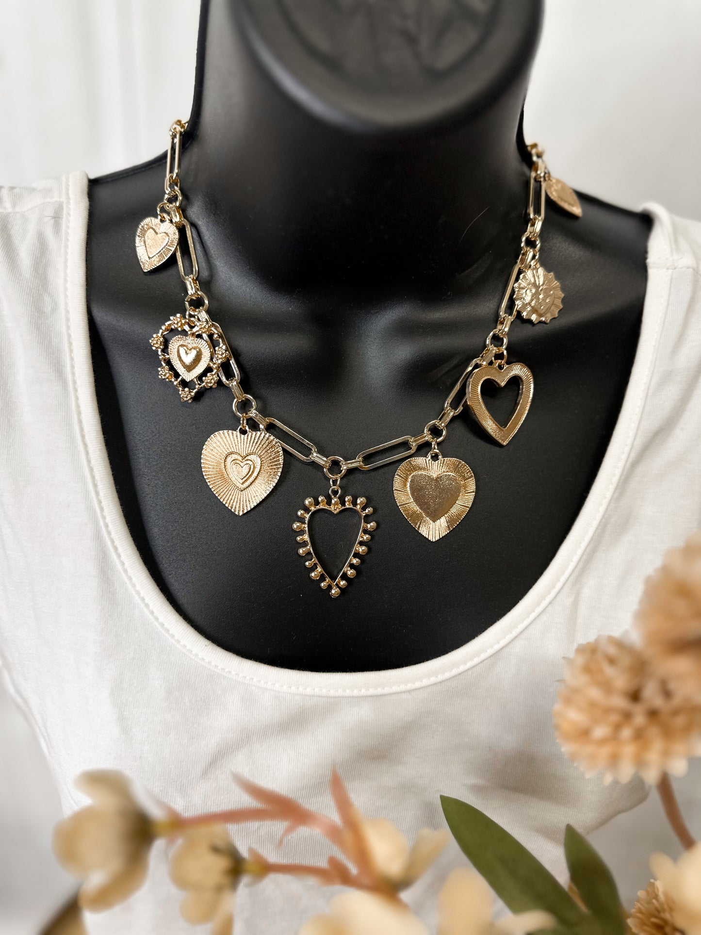 Golden Heart Charm Statement Necklace