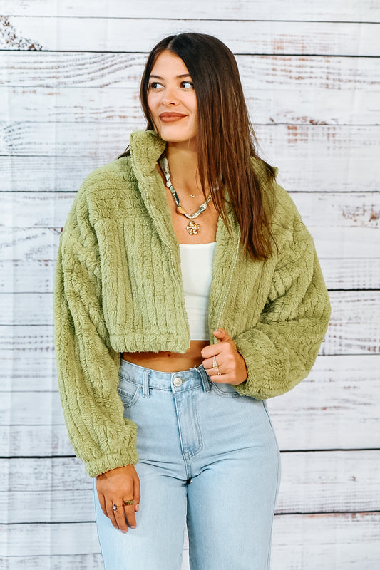 Olive Cloud Cropped Teddy Jacket