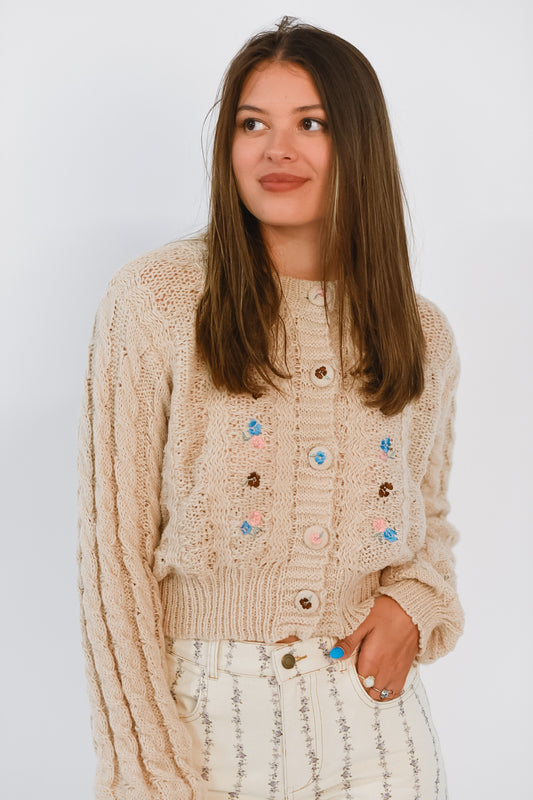 Floral Charm Button-Up Sweater