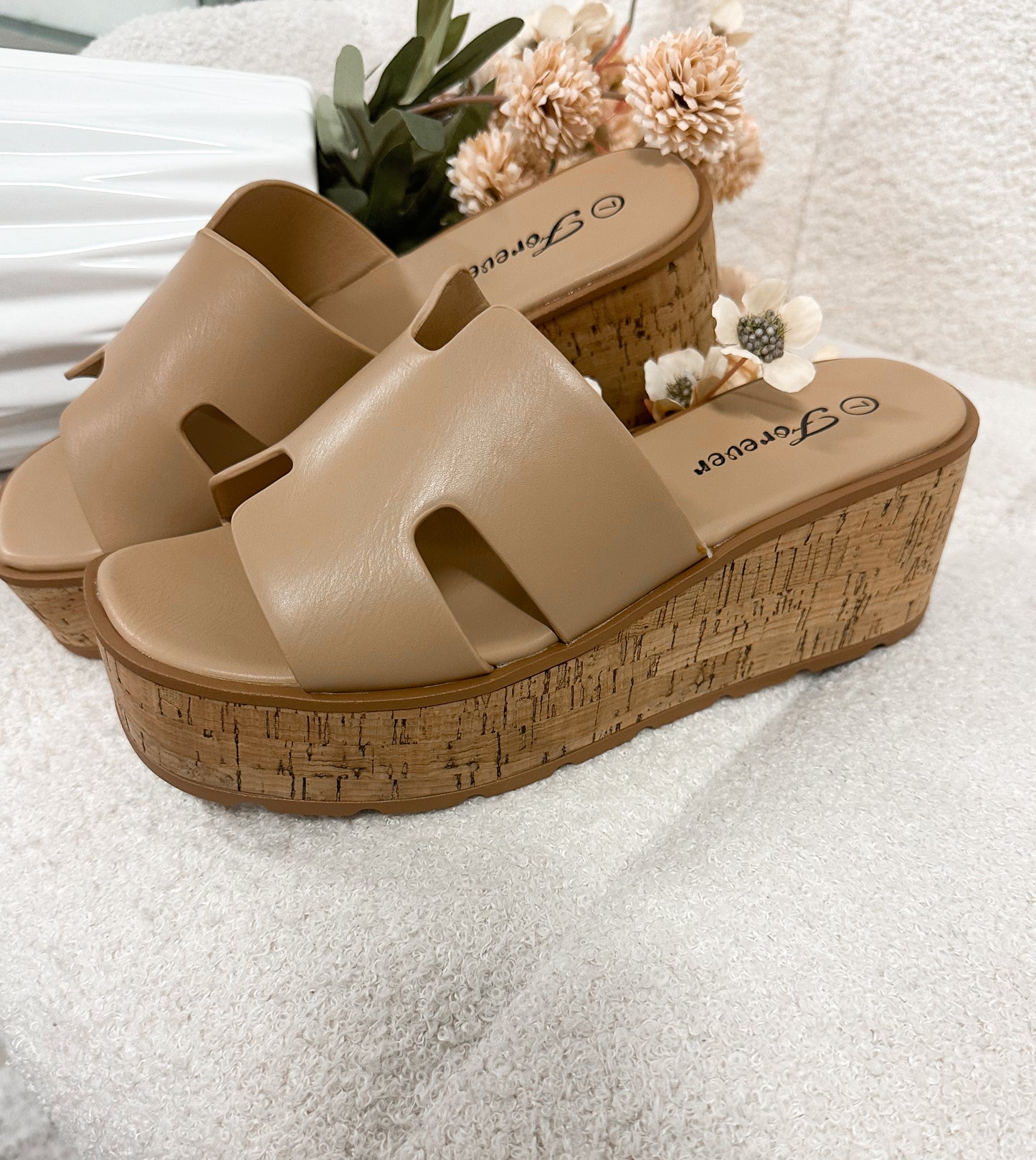 Cork Platform Slide Sandals – Tan Double Strap Summer Wedges