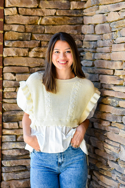 Speak Easy Tan And White Layered Look Top