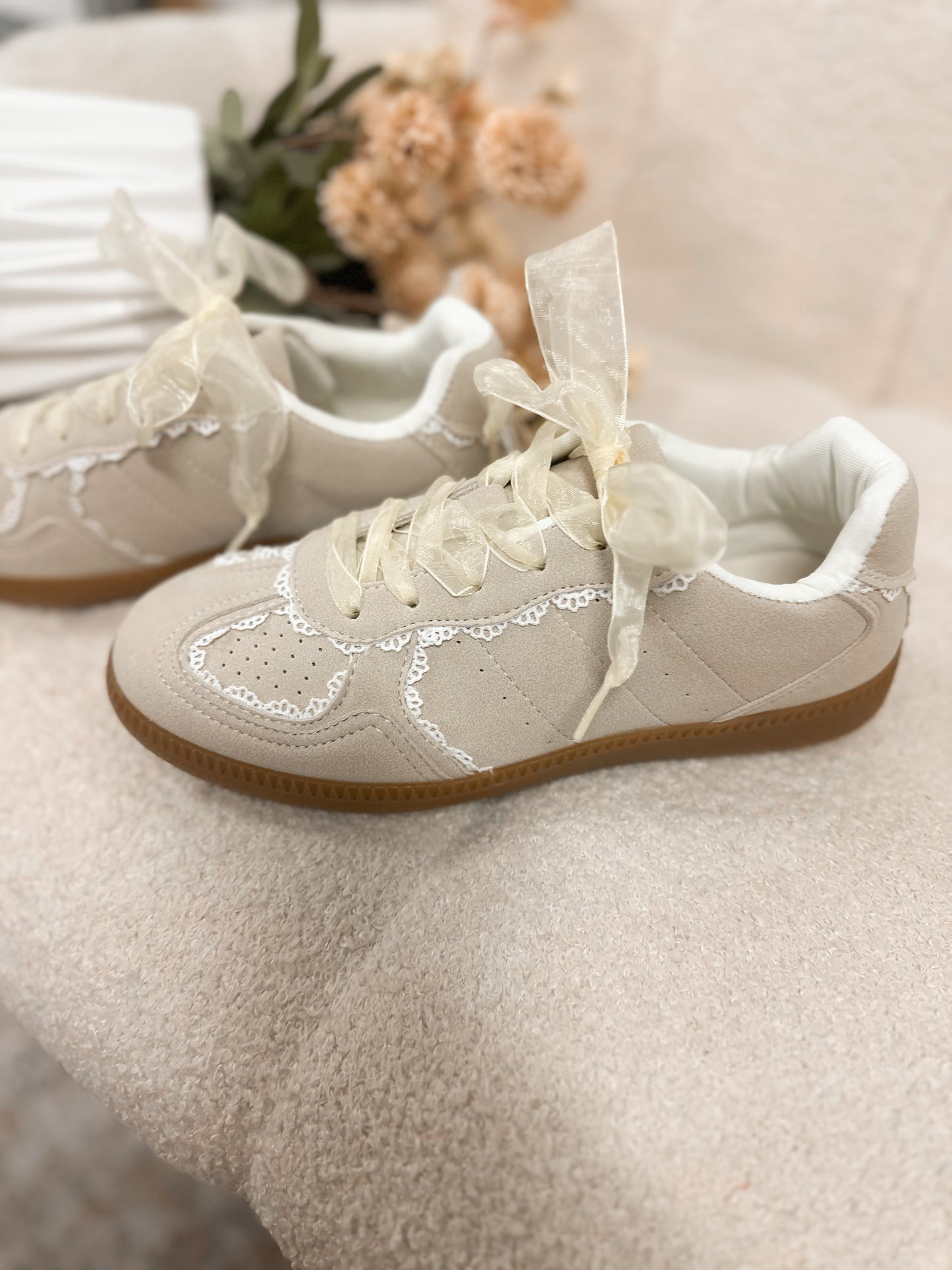 Lace Ribbon Bow Sneakers – Neutral Vintage-Inspired Lace Detail Shoes