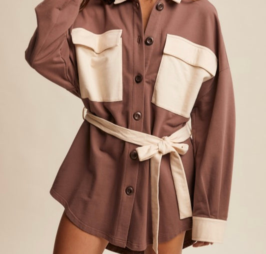 Mocha Contrast Belted Shacket