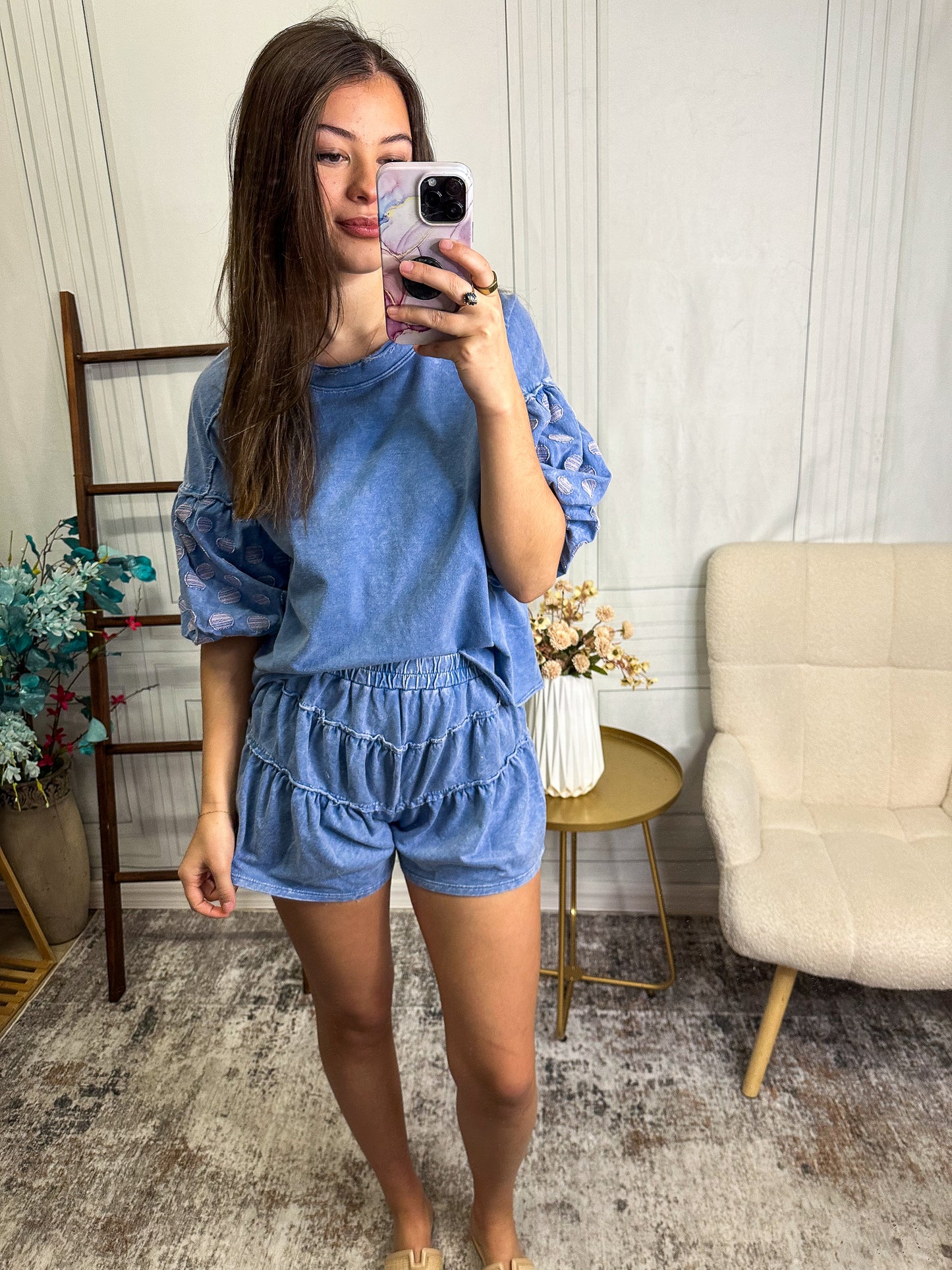 Vintage Wash Ruffle Lounge Set – Dusty Blue Mineral Wash Set