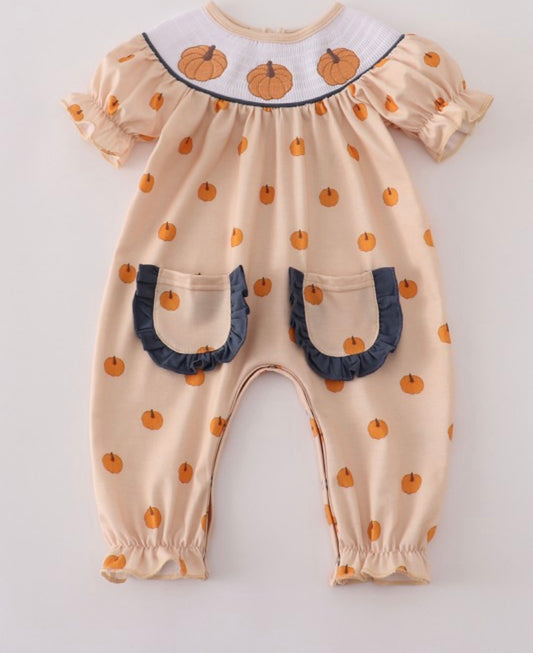 Khaki Embroidered Smocked Romper (Preorder)