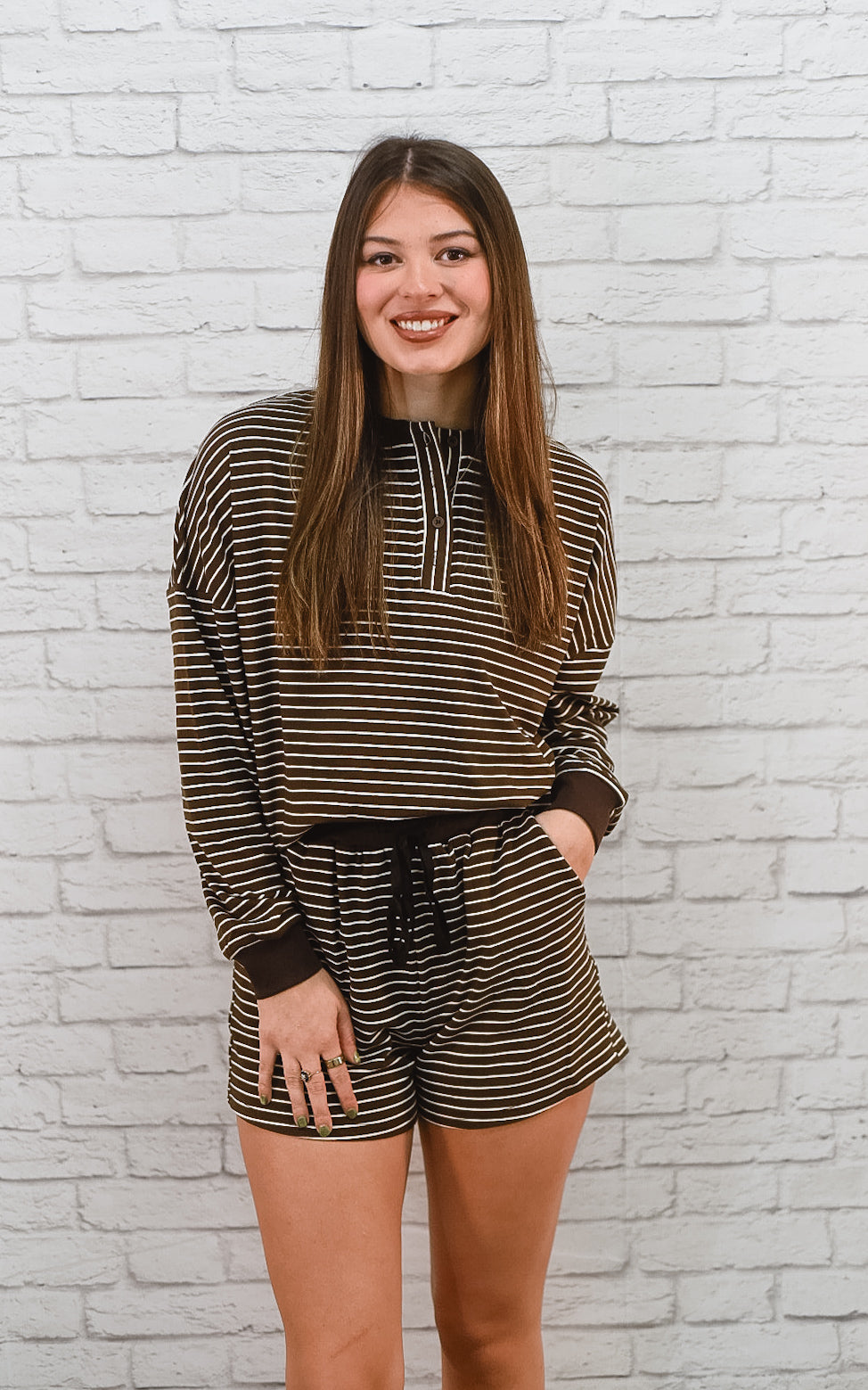 All Day Comfort Striped Brown Shorts Set
