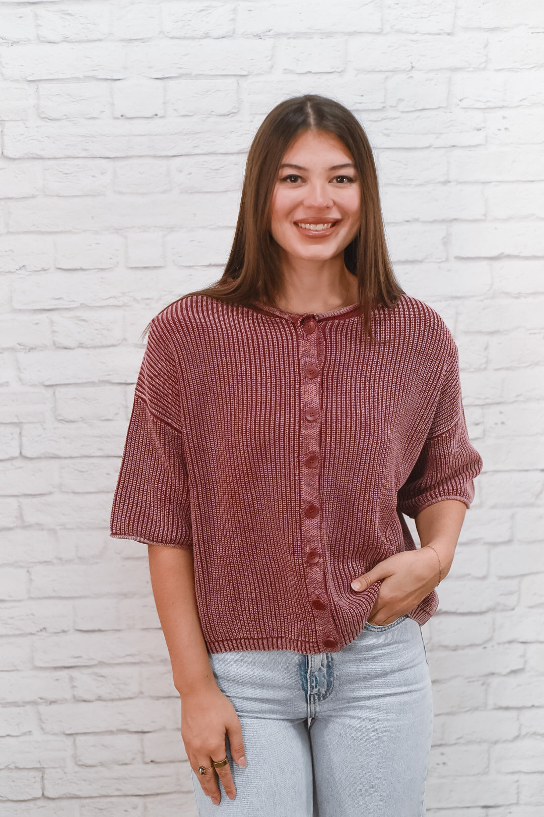 Vintage Merlot Mineral-Wash Cardigan