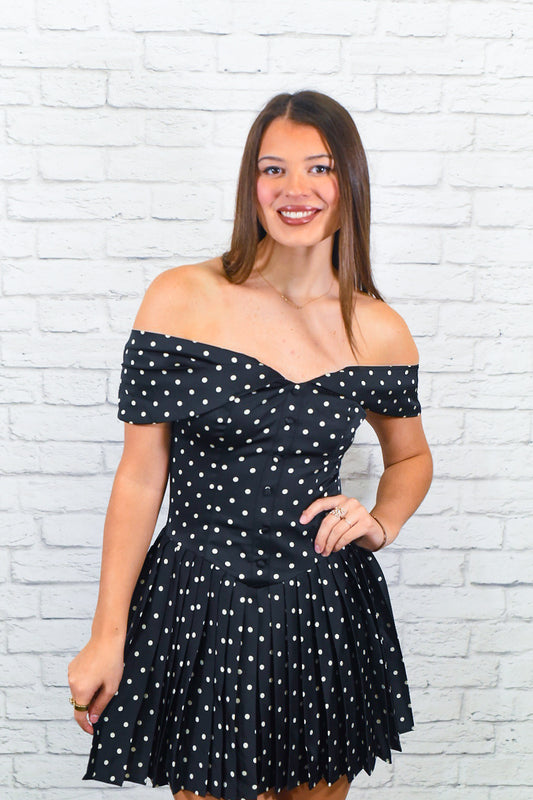 Midnight Polka Dot Off-Shoulder Mini Dress