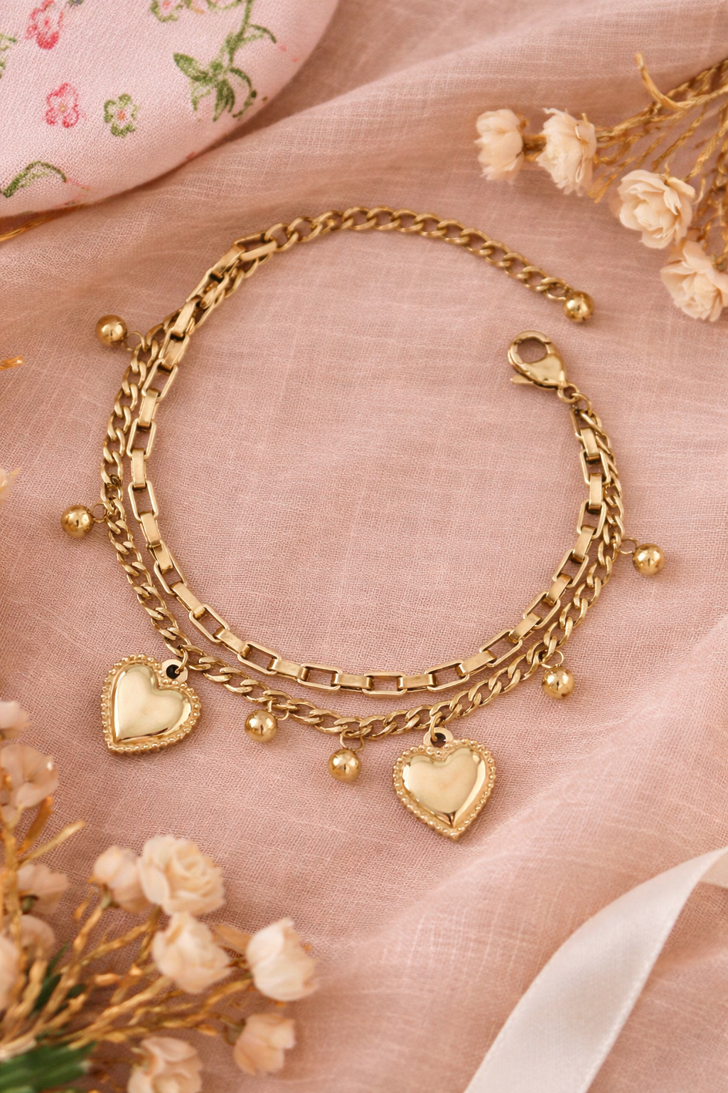 Golden Heart Charm Layered Bracelet